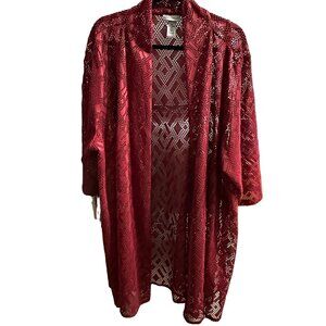 Catherine’s size 3X maroon patterned lace 3/4 sleeve open cardigan kimono tunic